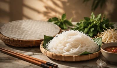 Fresh rice vermicelli and dried rice paper on woven trays with herbs and dipping sauce